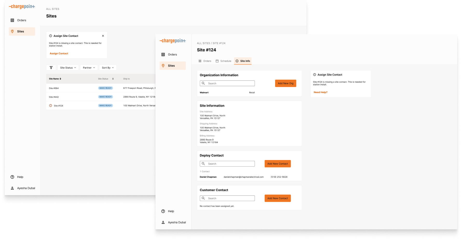 A customer's site and site information views